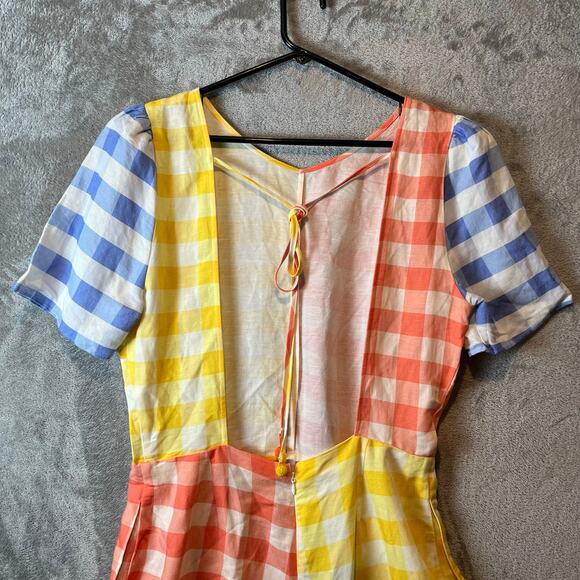 Farm Rio Colorblock Gingham Contrast Romper Size Small Linen Blend Yellow Orange - Picture 5 of 7